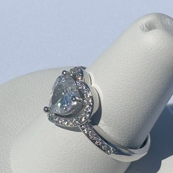Silver Heart Cut Stone Ring with Pave Detailing Adjustable - Picture 10 of 14